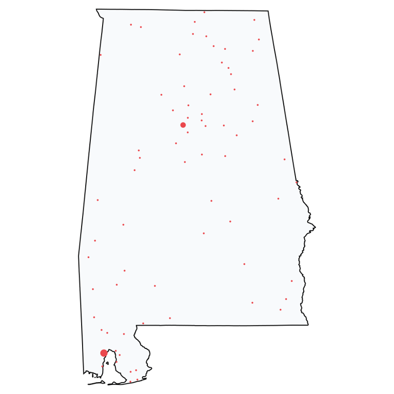 A map showing all Ace Hardware locations in Alabama