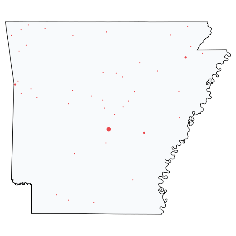 A map showing all Ace Hardware locations in Arkansas