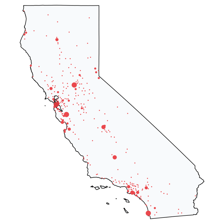 A map showing all Ace Hardware locations in California