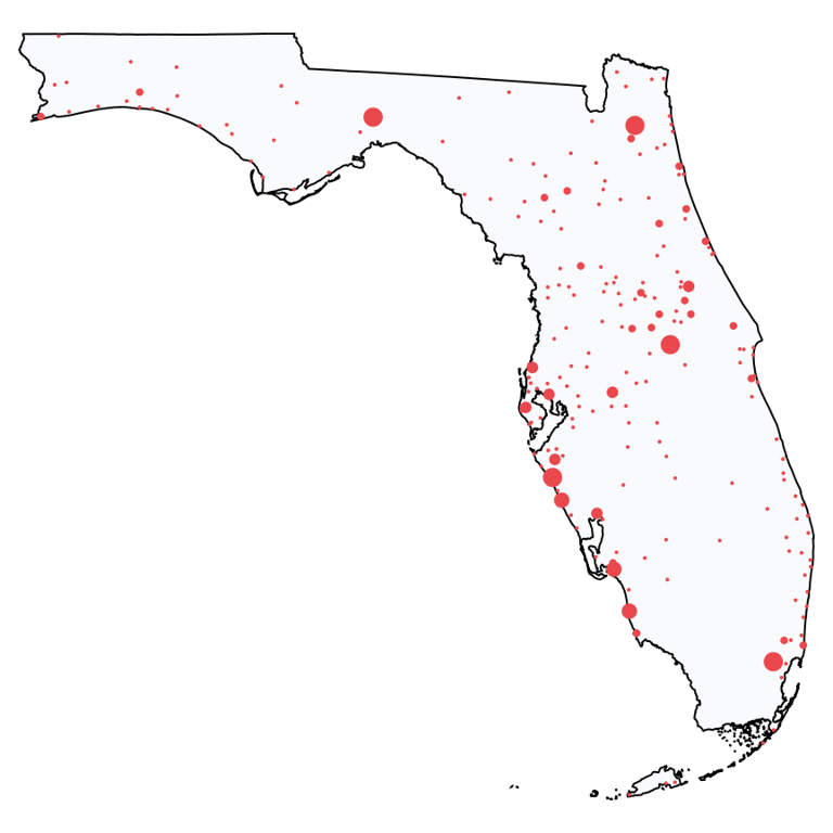 A map showing all Ace Hardware locations in Florida