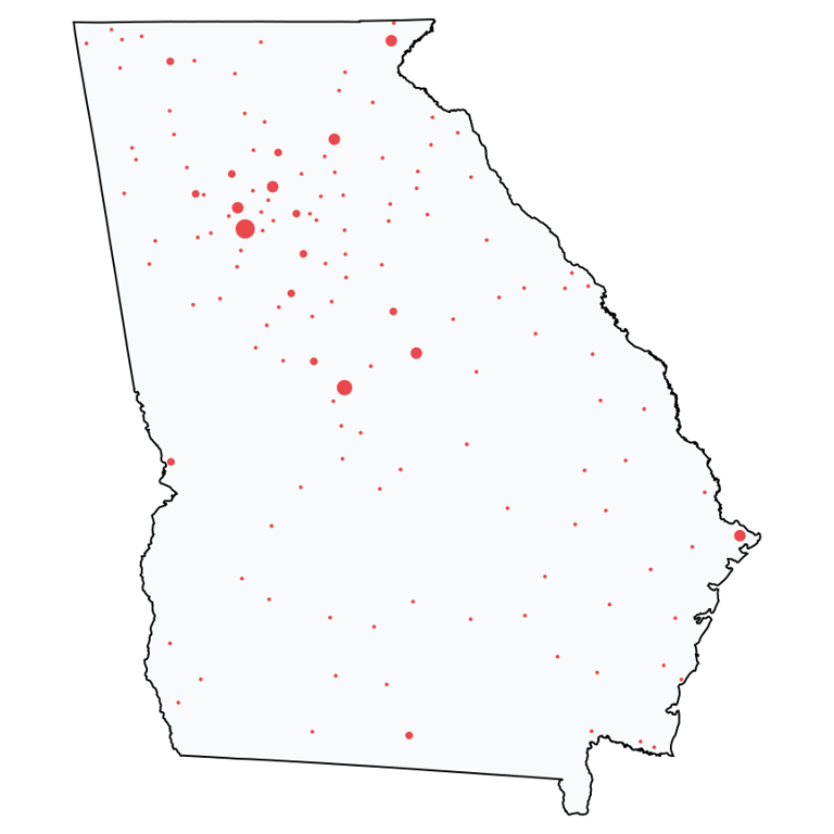 A map showing all Ace Hardware locations in Georgia