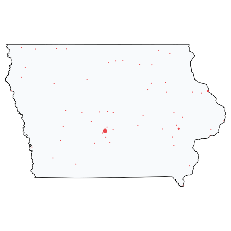 A map showing all Ace Hardware locations in Iowa