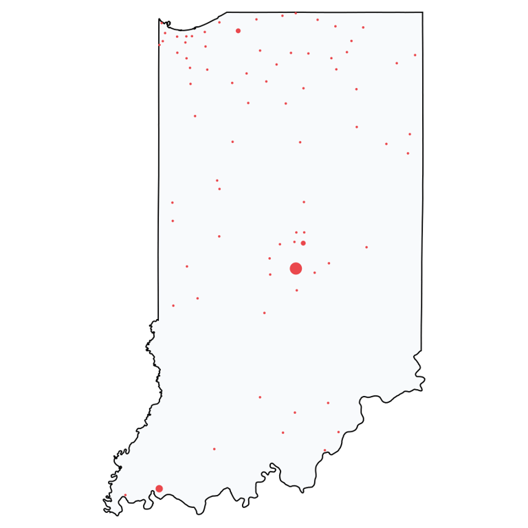 A map showing all Ace Hardware locations in Indiana