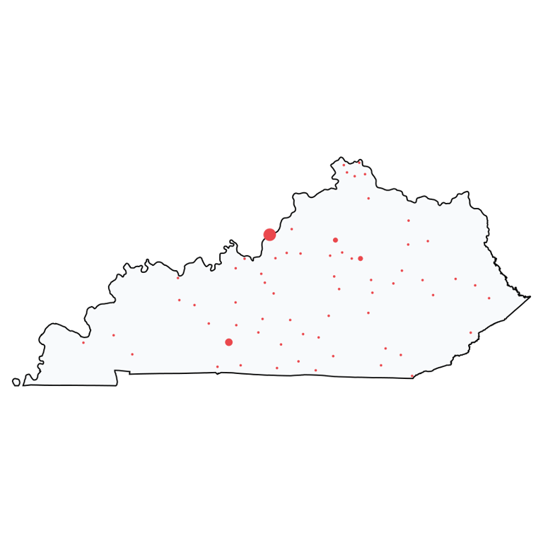 A map showing all Ace Hardware locations in Kentucky