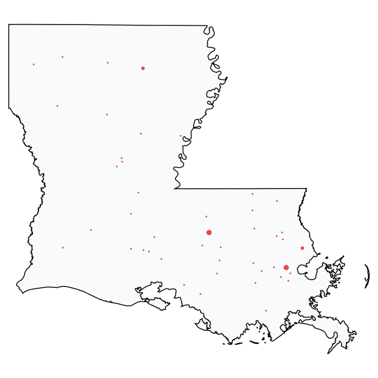 A map showing all Ace Hardware locations in Louisiana