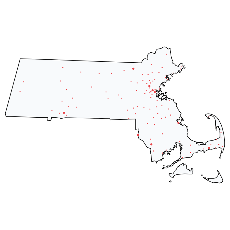 A map showing all Ace Hardware locations in Massachusetts