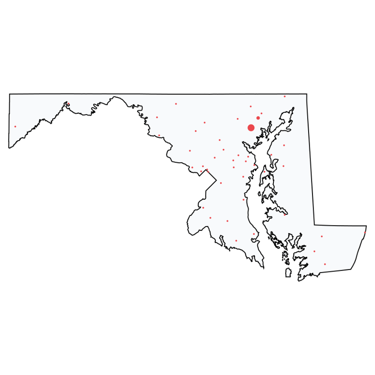 A map showing all Ace Hardware locations in Maryland