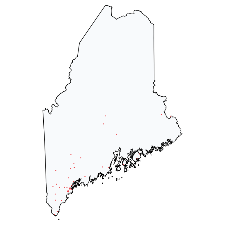 A map showing all Ace Hardware locations in Maine