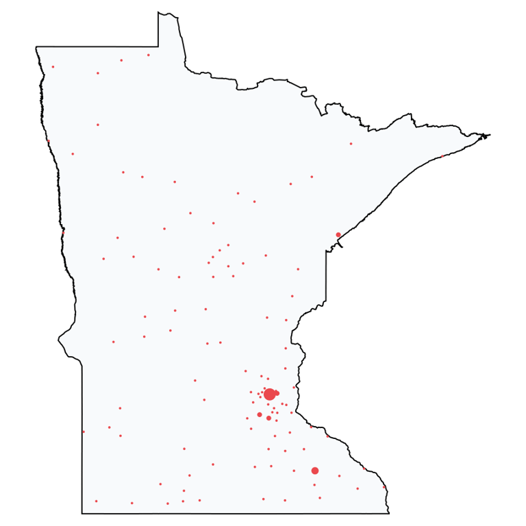 A map showing all Ace Hardware locations in Minnesota