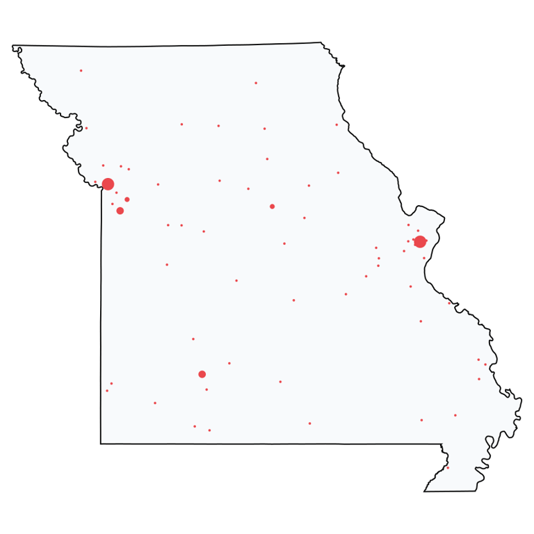 A map showing all Ace Hardware locations in Missouri