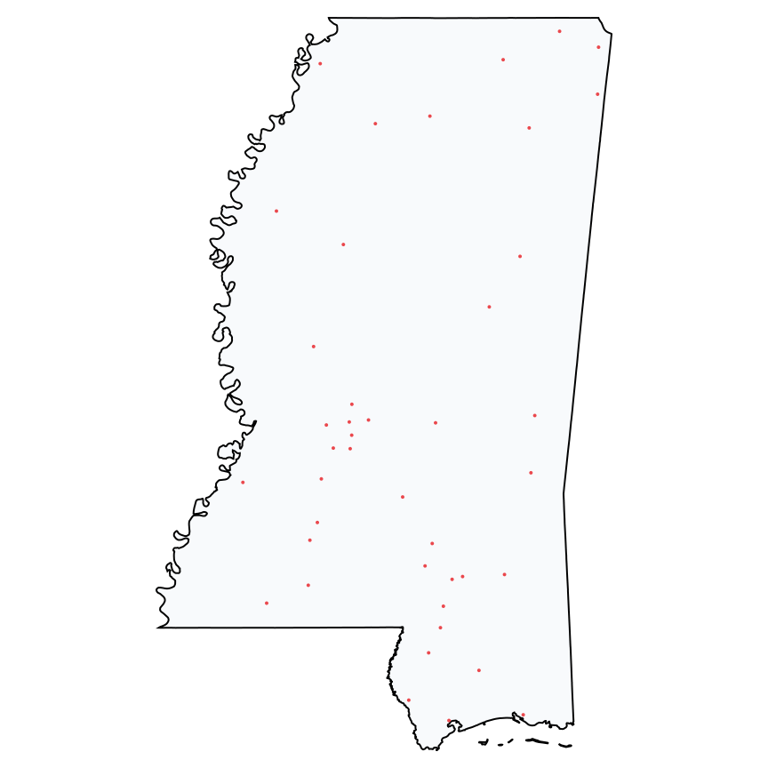 A map showing all Ace Hardware locations in Mississippi