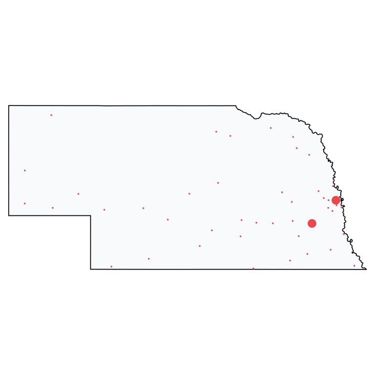 A map showing all Ace Hardware locations in Nebraska