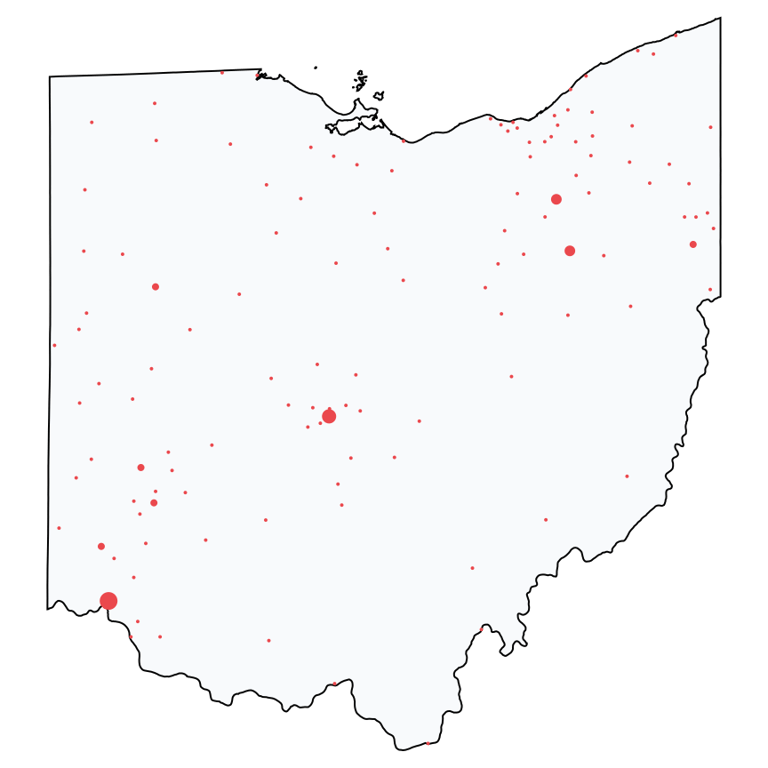 A map showing all Ace Hardware locations in Ohio