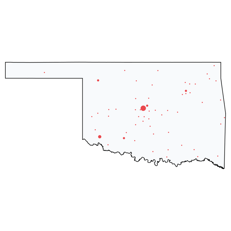 A map showing all Ace Hardware locations in Oklahoma