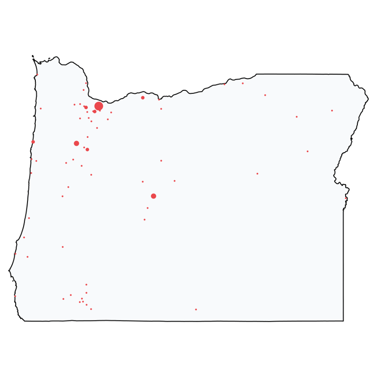 A map showing all Ace Hardware locations in Oregon