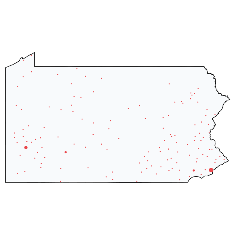 A map showing all Ace Hardware locations in Pennsylvania