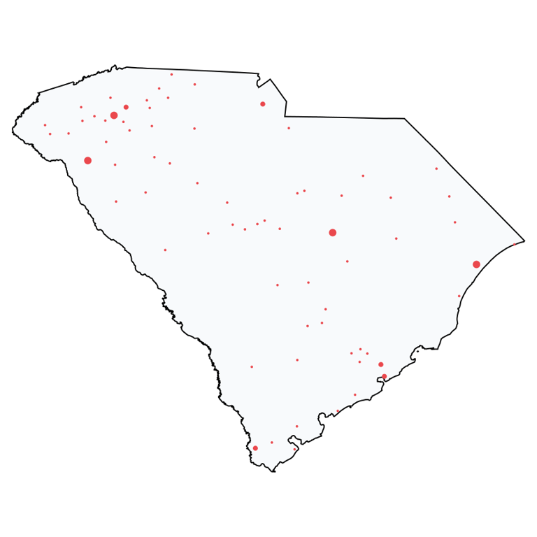 A map showing all Ace Hardware locations in South Carolina