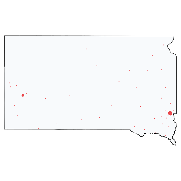 A map showing all Ace Hardware locations in South Dakota