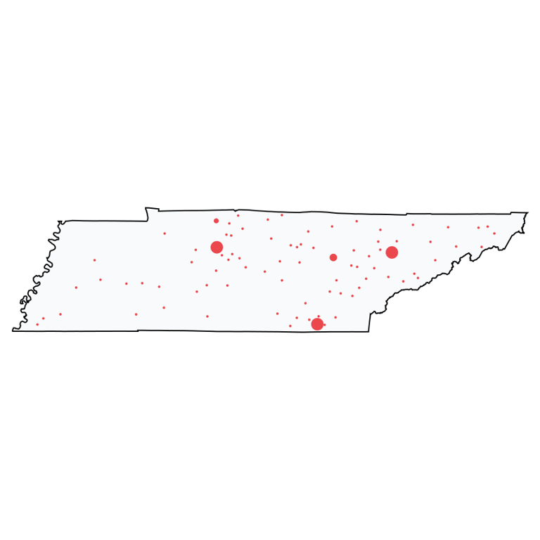 A map showing all Ace Hardware locations in Tennessee