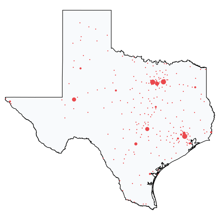 A map showing all Ace Hardware locations in Texas