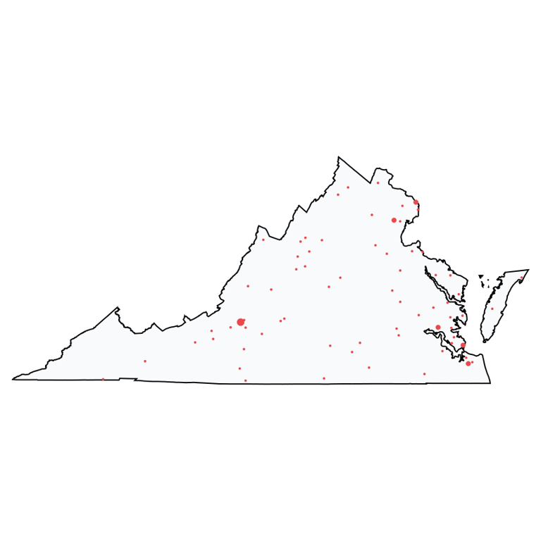 A map showing all Ace Hardware locations in Virginia