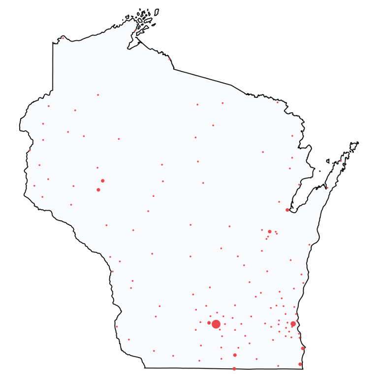 A map showing all Ace Hardware locations in Wisconsin