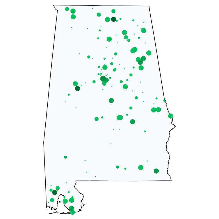 A map showing all Allpoint locations in Alabama