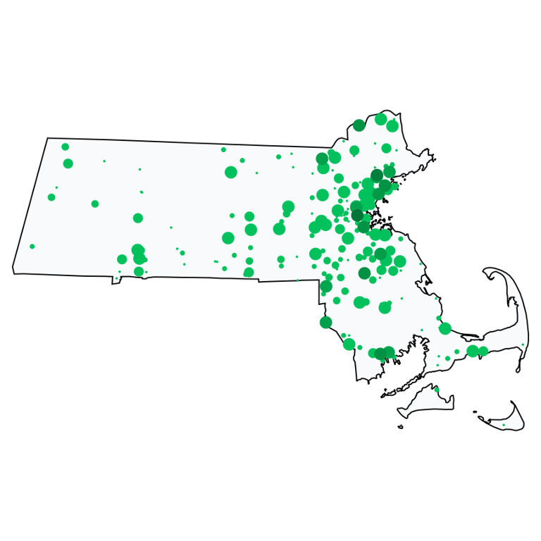 A map showing all Allpoint locations in Massachusetts