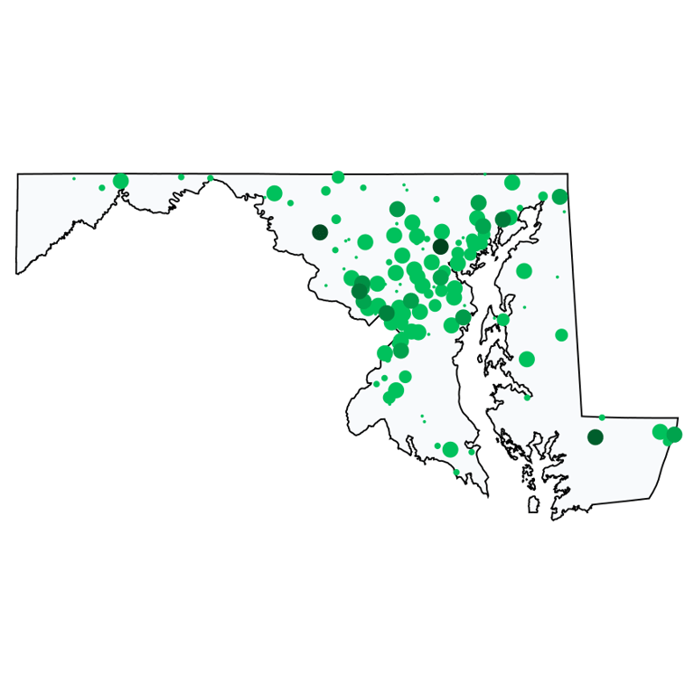 A map showing all Allpoint locations in Maryland