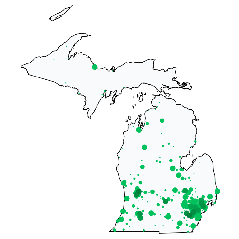 A map showing all Allpoint locations in Michigan