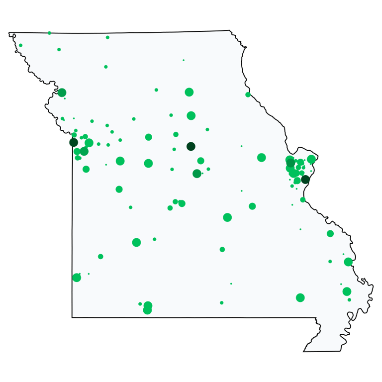 A map showing all Allpoint locations in Missouri