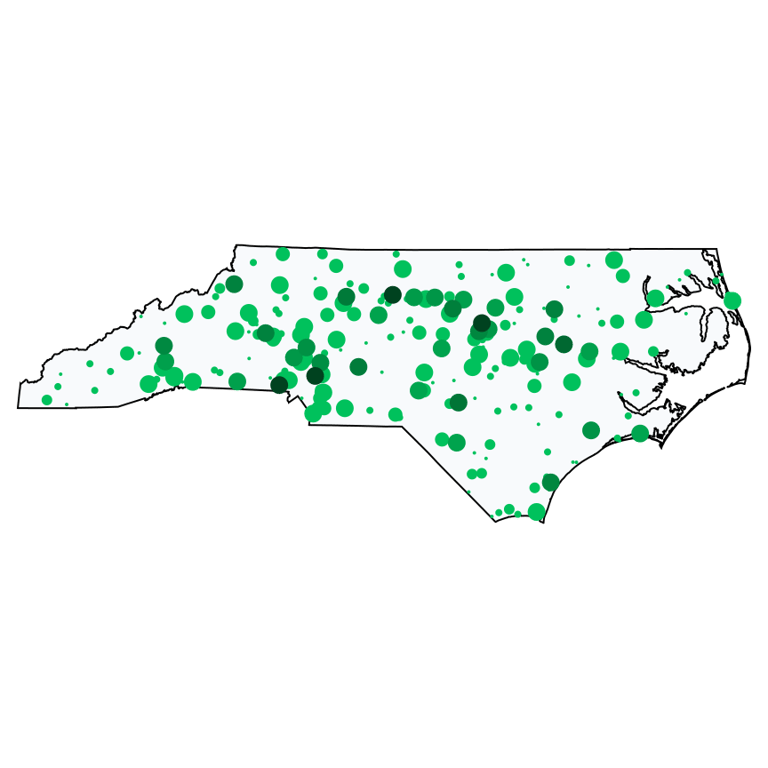 A map showing all Allpoint locations in North Carolina