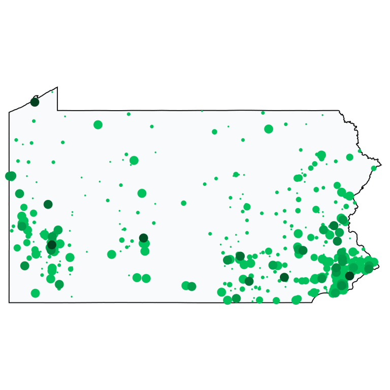 A map showing all Allpoint locations in Pennsylvania