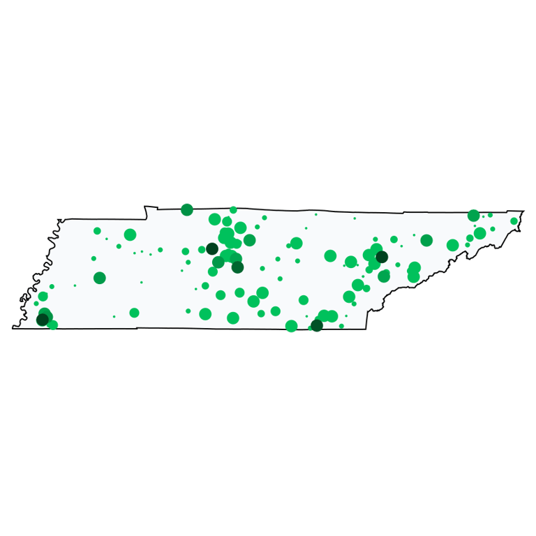 A map showing all Allpoint locations in Tennessee