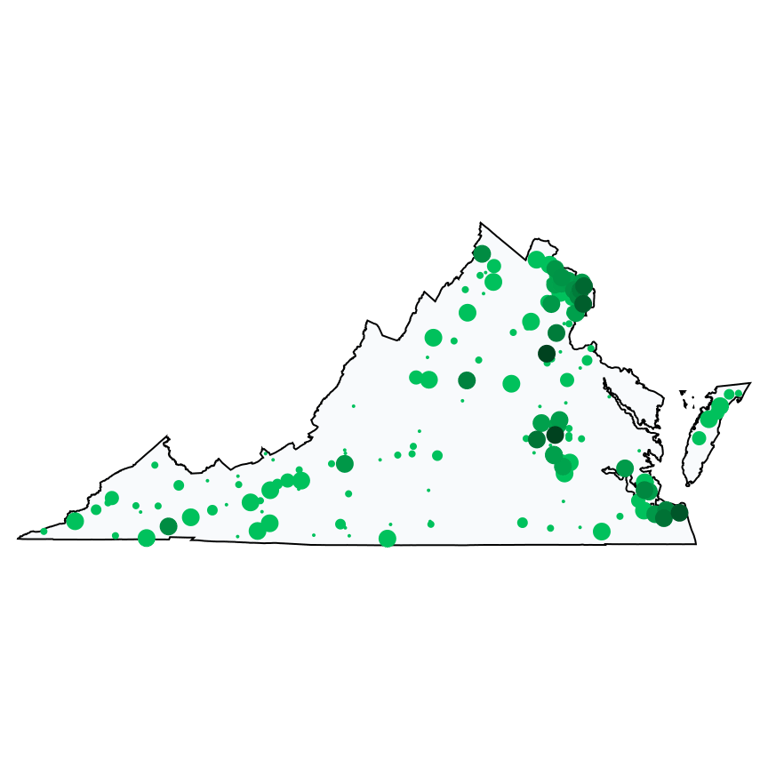 A map showing all Allpoint locations in Virginia