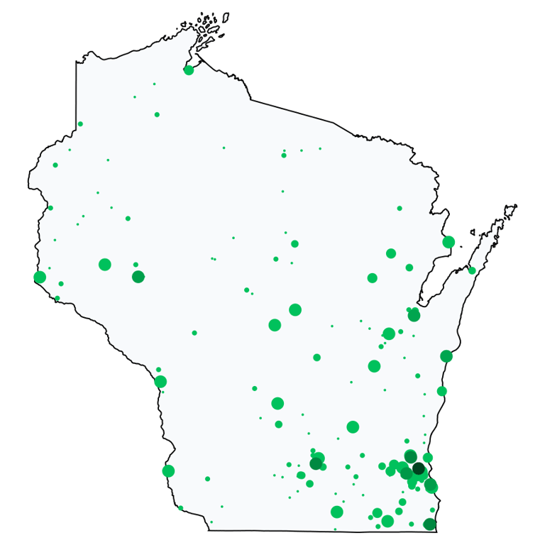 A map showing all Allpoint locations in Wisconsin