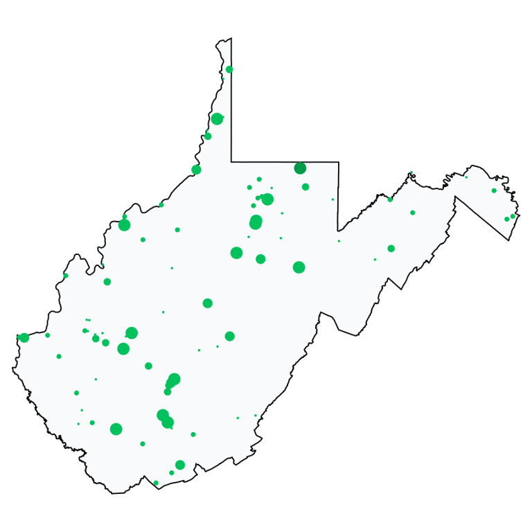 A map showing all Allpoint locations in West Virginia