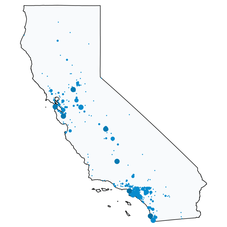 A map showing all AT&T locations in California