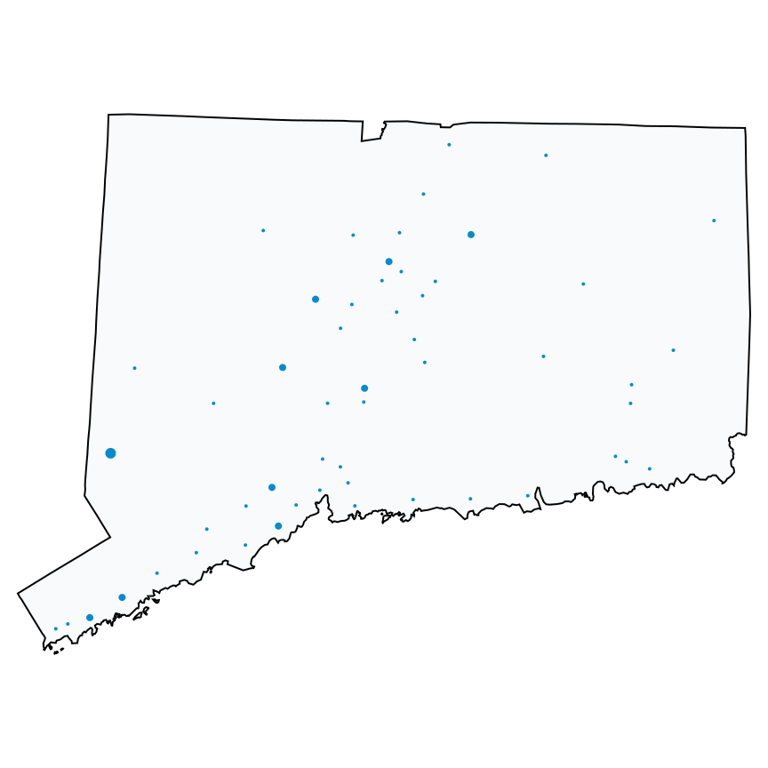 A map showing all AT&T locations in Connecticut