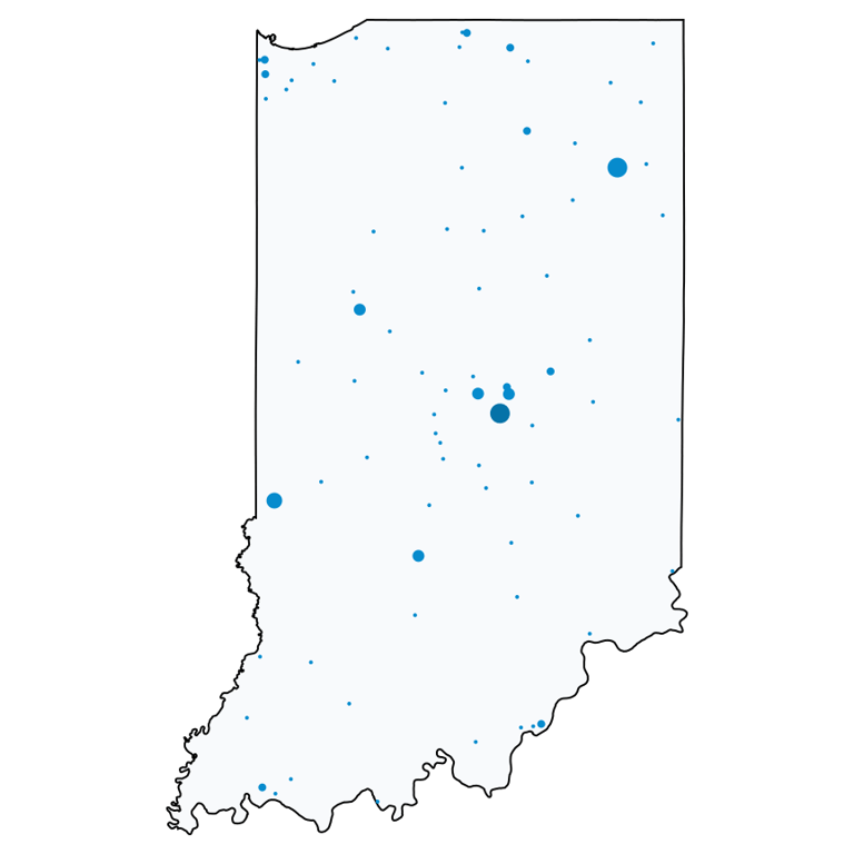 A map showing all AT&T locations in Indiana