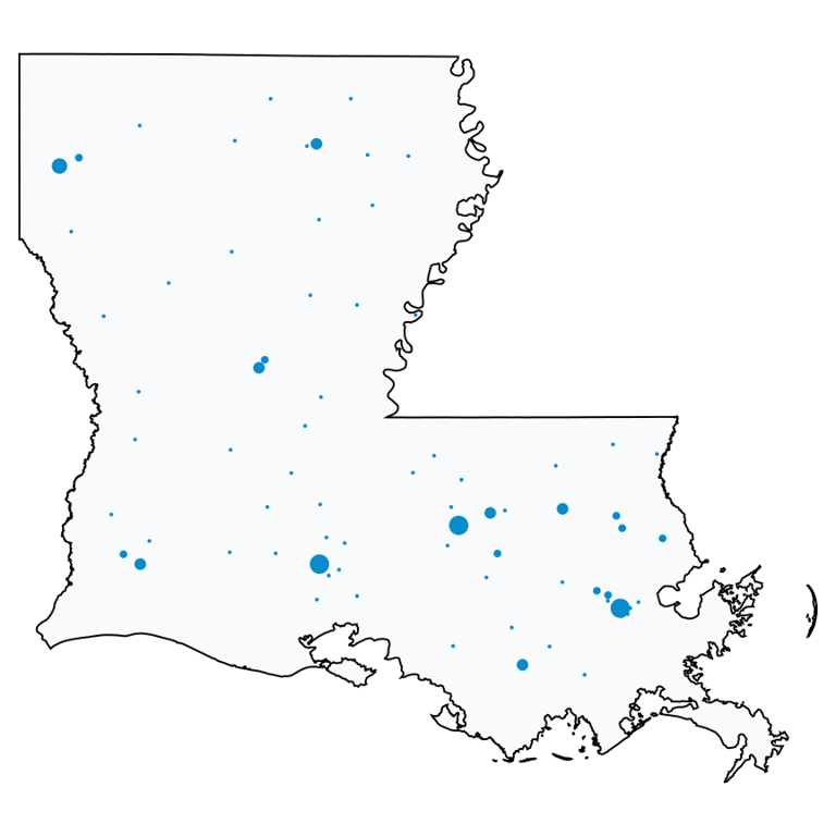 A map showing all AT&T locations in Louisiana