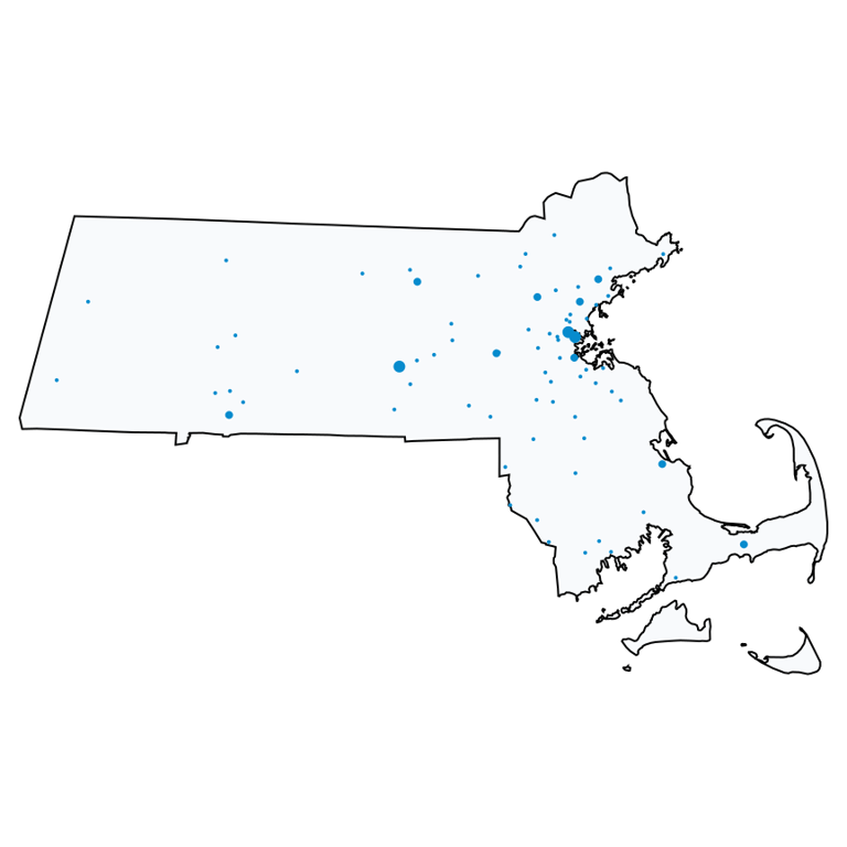 A map showing all AT&T locations in Massachusetts