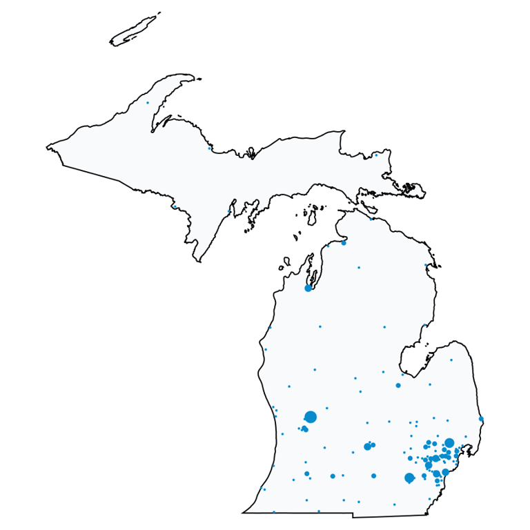 A map showing all AT&T locations in Michigan