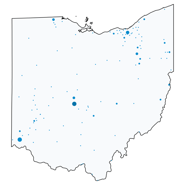 A map showing all AT&T locations in Ohio