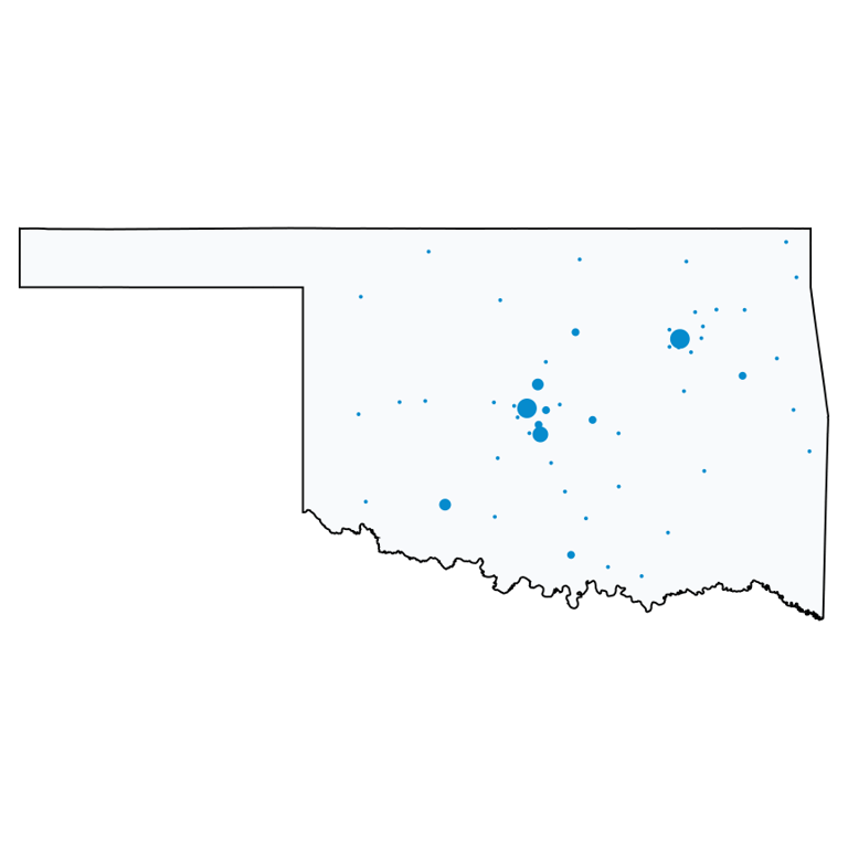 A map showing all AT&T locations in Oklahoma