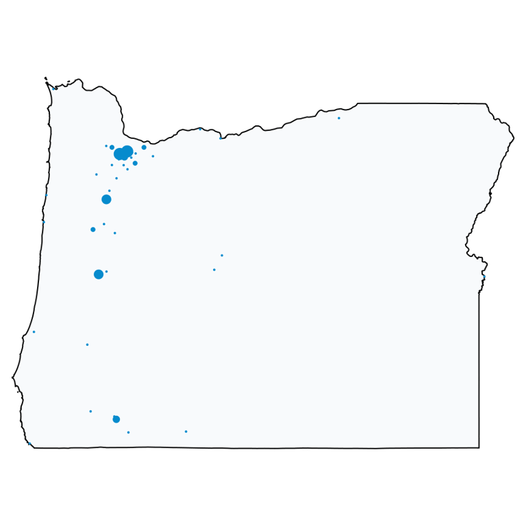 A map showing all AT&T locations in Oregon