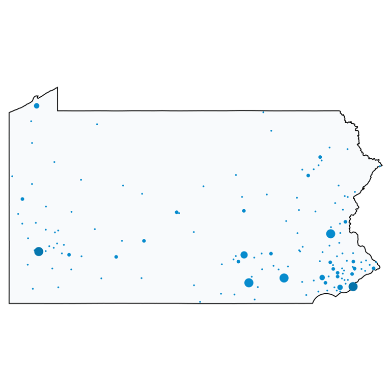 A map showing all AT&T locations in Pennsylvania