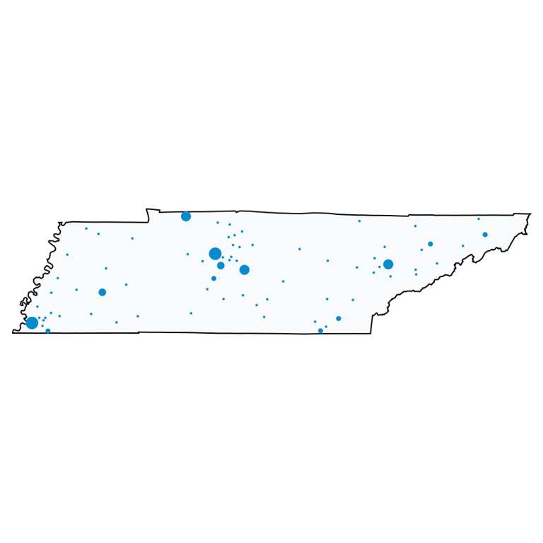 A map showing all AT&T locations in Tennessee