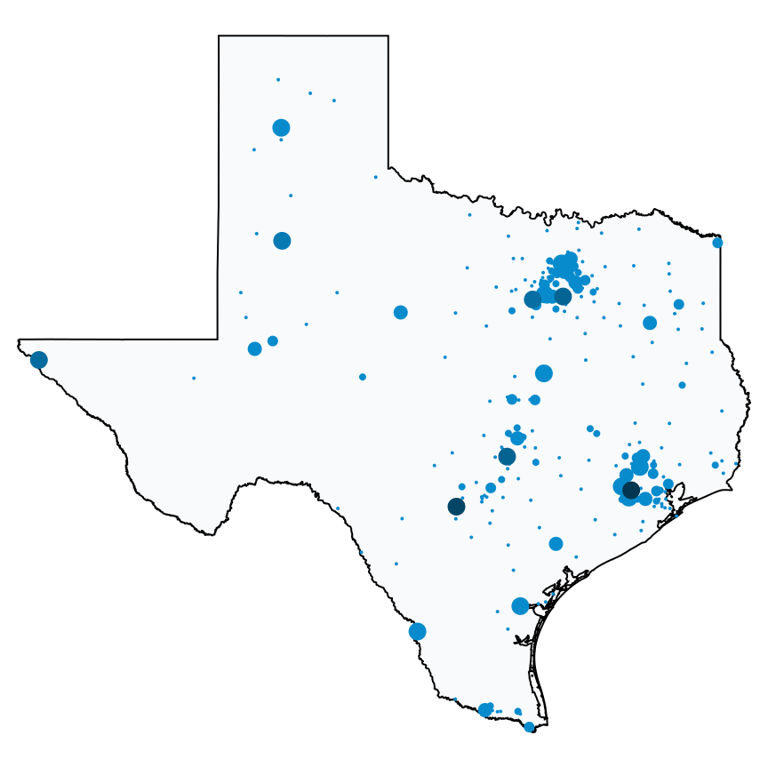 A map showing all AT&T locations in Texas