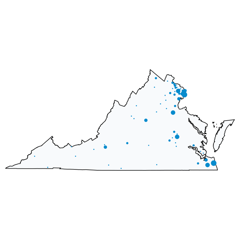 A map showing all AT&T locations in Virginia